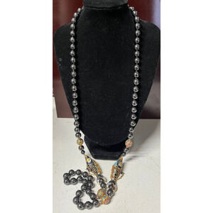 Vintage Hematite Beaded Necklace w/Articulating Cloisonné Enamel Koi Fish 32"